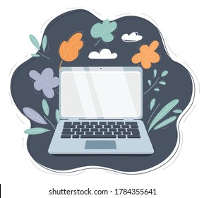 Flat cartoon style vector of laptop at dark cloud background with autumn leaf decoration, illustration of remote workplace, home and mobile office, cloud storage and cloud computing concept. 