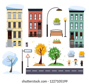Flat cartoon style vector two-story city houses, street with road, trees, bench, road signs, lanterns. City constructor with elements. Four seasons in city Summer, fall, spring, winter cityscape.