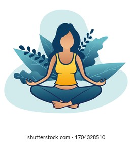 Flat cartoon style woman meditation or yoga in nature and leaves. Concept vector illustration healthy lifestyle.