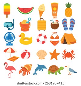 Flache Cartoon Sommer Icon Set - Beach Holiday Elements Collection