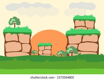 Flat cartoon summer landscape with rocks, trees, sun, cloud sky. Vector illustration. 