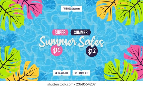Flat Cartoon Summer Sale Background. Bright Plants and Swimming Pool. 