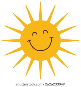 Flat cartoon sun illustration with happy face and glowing rays, perfect for kids’ graphics, weather icons, education designs, or cheerful themes.