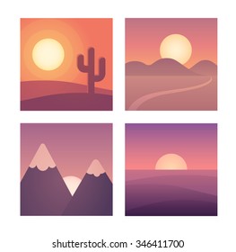 Flat cartoon sunset landscape set. Different locations: desert, mountains and sea. Background vector illustration collection.