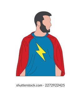 Flat cartoon Super Hero over isolated white background pointing up a great idea. Vector illustration.