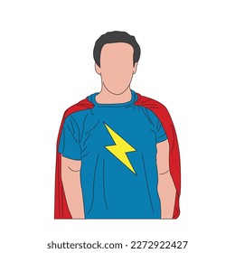 Flat cartoon Super Hero over isolated white background pointing up a great idea. Vector illustration.