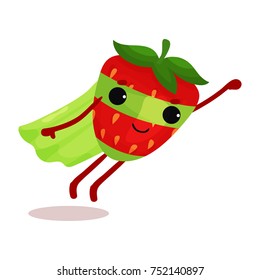 Flat cartoon superhero strawberry in green cape and mask flying with hand up