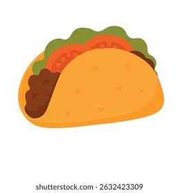 Flat cartoon taco with ground beef, lettuce and tomato in a soft yellow shell.