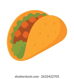 Flat cartoon taco with meat, lettuce and vegetables in a yellow tortilla shell.