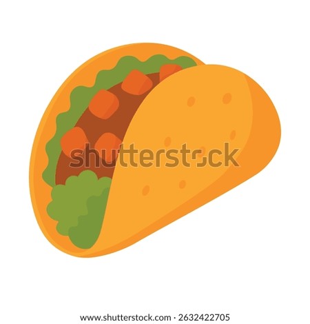 Flat cartoon taco with meat, lettuce and vegetables in a yellow tortilla shell.
