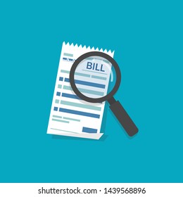 flat cartoon tax bill document analysis, financial check, paper invoice analyze