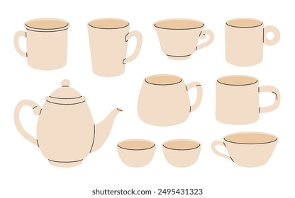 Flat cartoon tea crockery. White porcelain tableware. Ceramic utensil for tea, coffee cooking. Various mugs, cups, and pot. Vector drinking teatime set