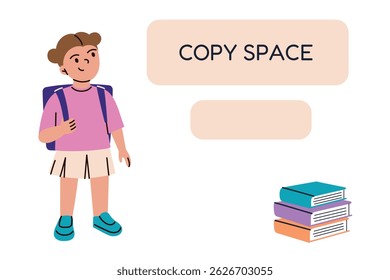 Flache Cartoon-Vorlage mit Kopienraum für Kinder-Unterrichtsdesigns und Schulwebsites. Schulmädchen, Vektorgrafik mit Rucksack mit Blick auf Textbereich. Lernen, Studieren und Kinderprojekte