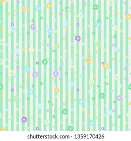 Flat Cartoon Tiny wild flowers on stripped background seamless vintage  vector pattern isolated