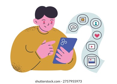 Flat cartoon tired character with red eyes scrolling smartphone, endless feed doomscrolling scene. Social media addiction, screen time, likes and online friends, digital wellbeing vector illustration