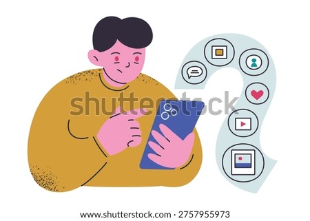 Flat cartoon tired character with red eyes scrolling smartphone, endless feed doomscrolling scene. Social media addiction, screen time, likes and online friends, digital wellbeing vector illustration
