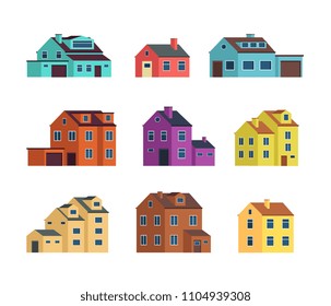 Flat cartoon town houses, cottage buildings with door and windows. Home exterior vector set isolated. House building exterior, town cottage architecture illustration