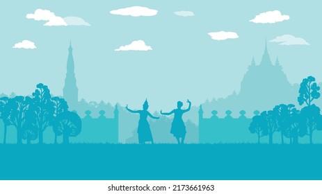 flat cartoon of traditional Thai Dance and wall ancient temple