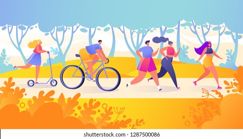 Flat cartoon, trendy, vector illustration on healthy lifestyle theme. Active people sports. Сharacters riding bicycle, couple running, woman on pushscooter, woman riding on the rollers in the park.