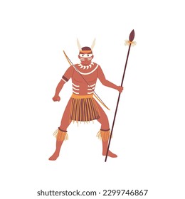 Flat cartoon tribal warrior dressed in ethnic African clothes isolated on white background