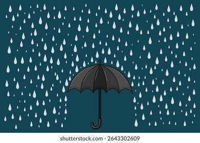 Flat cartoon umbrella in rain, vector pastel design for educational baby themes, kids decor, seasonal visuals, and seamless art
