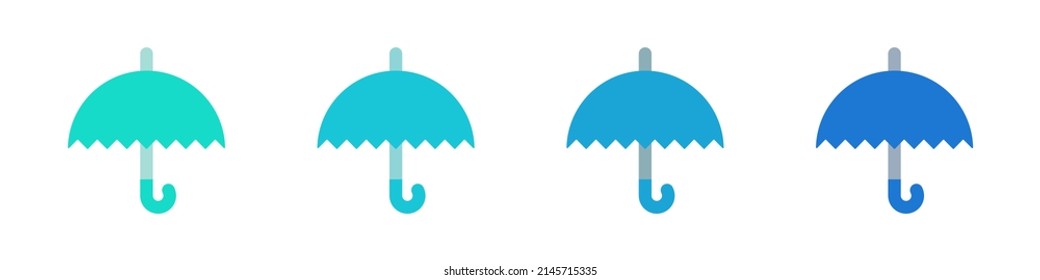 Flat cartoon umbrella. Set of blue flat umbrellas. Vector clipart isolated on white background.