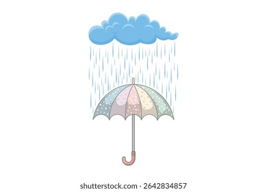 Flat cartoon umbrella under rainy sky, pastel raindrops falling in vector style, creative artwork for children’s books, seasonal themes, and weather icons


