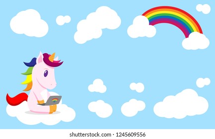 flat cartoon unicorn with laptop in the clouds