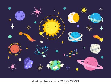 Flat cartoon universe. Space planets and moon, solar system and neptune. Colorful comets, stars, cute doodle childish astrology nowaday vector collection