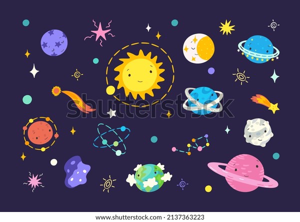 Flat cartoon universe. Space planets\
and moon, solar system and neptune. Colorful comets, stars, cute\
doodle childish astrology nowaday vector\
collection