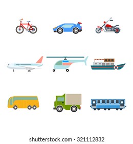 Flat cartoon various transport icon set. Road bicycle sportscar bike bus truck aerial helicopter plane aircraft marine boat railroad carriage. Build your own world web infographic collection.