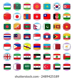 Flat cartoon vector of Asian continent countries flags