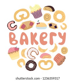 Flat cartoon vector bakery elements isolated on white background. Bakery lettering, cakes, buns, pastry, bagels icons set