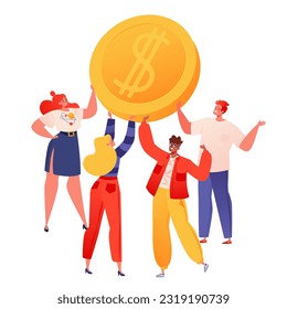 El equipo de negocios de los vectores de dibujos animados planos sostiene una gran moneda de oro con un símbolo de dólar. Trabajar en éxito financiero, negocios, banca, brainstorming, búsqueda de inversiones y resultados. Colaboración en grupo, trabajo en equipo