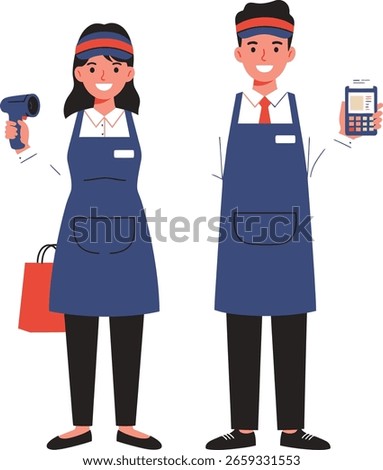 Flat cartoon vector of a cashier standing at the register with a friendly smile. Perfect for retail, supermarket, or profession-related illustrations.
