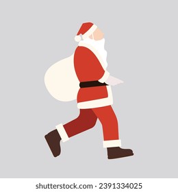 flat cartoon vector, colorful and festive illustration, cartoon santa claus carrying a sack of gift,