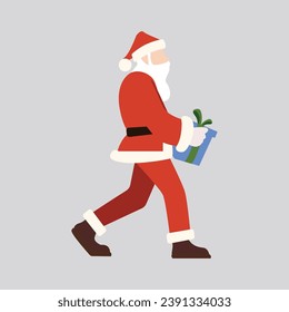 flat cartoon vector, colorful and festive illustration, santa claus walking with a gift in his hand