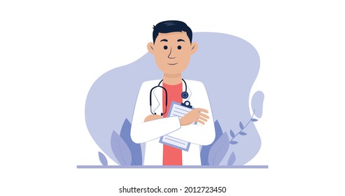 Flat Cartoon Vector doctor in cartoon style for presentation or video. The image is well suited for web design or social media advertising on the topic of health care, coronavirus prevention