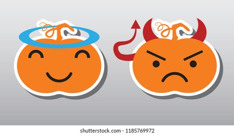 Flat cartoon vector emoji isolated on grey background. Pumpkin emotions concept. Angel and devil facial expressions. Icon collection emoji.