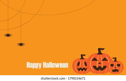 flat cartoon vector of Halloween background card with pumpkins and orange background
