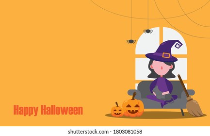 flat cartoon vector of Halloween background card with witch, pumpkins and orange background	
