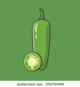 Flat Cartoon Jalapeño Vector. Hot Green Chili Pepper On Green Background. Mexican Spice