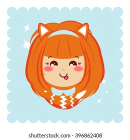 Flat cartoon vector icon. Illustration of kawaii redheaded girl with fox ears and tail. Portrait, avatar, card. Sly young girl teasing. Isolated on background with sparkles. Orange, blue, pink, white