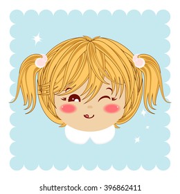Flat cartoon vector icon. Illustration of kawaii blonde girl with ponytails. Portrait, avatar, card. Sly baby girl teasing. Isolated on background with sparkles. Yellow, blue, pink, white