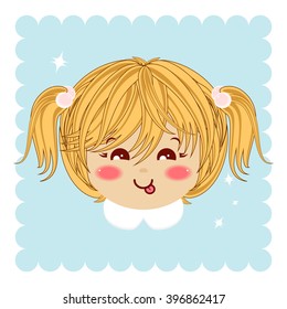 Flat cartoon vector icon. Illustration of kawaii blonde girl with ponytails. Portrait, avatar, card. Sly baby girl teasing. Isolated on background with sparkles. yellow, blue, pink, white
