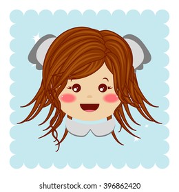 Flat cartoon vector icon. Illustration of kawaii fair-haired girl with koala ears. Portrait, avatar, card. Happy baby girl, laughing. Isolated on background with sparkles. Brown, blue, pink, white