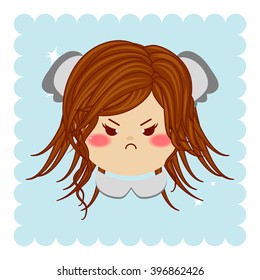 Flat cartoon vector icon. Illustration of kawaii fair-haired girl with koala ears. Portrait, avatar, card. Moody baby girl, grumpy. Isolated on background with sparkles. Brown, blue, pink, white