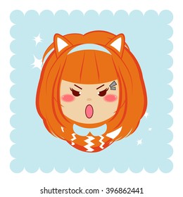 Flat cartoon vector icon. Illustration of kawaii redheaded girl with fox ears and tail. Portrait, avatar, card. Angry young girl, swears. Isolated on background with sparkles. Orange, blue, pink