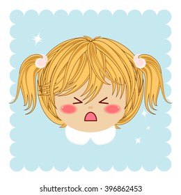 Flat cartoon vector icon. Illustration of kawaii blonde girl with ponytails. Portrait, avatar, card. Squint baby girl, blink. Isolated on background with sparkles. Yellow, blue, pink, white