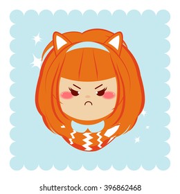 Flat cartoon vector icon. Illustration of kawaii redheaded girl with fox ears and tail. Portrait, avatar card. Moody young girl, grumpy. Isolated on background with sparkles. Orange, blue, pink, white